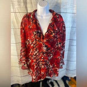 JM Collection Plus Size Red Rose Button Down - Short sleeve Blouse (Sz: 16w)